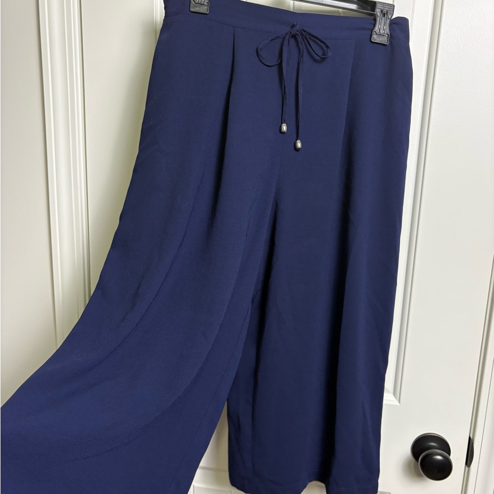Wide-Leg Navy Pull-On Pants with Drawstring Waist